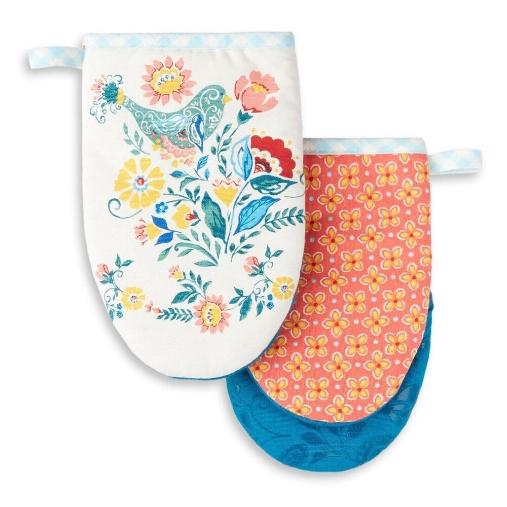 Pioneer Woman Mazie Mini Oven Mitts 2-pc Floral Blue Bird Cotton Kitchen Gift